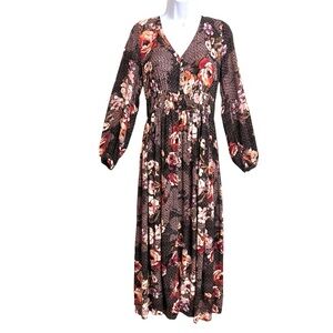 Oddy Dark Floral Boho Midi Dress Womens L Brown Earthy Gothic Cottagecore Moody